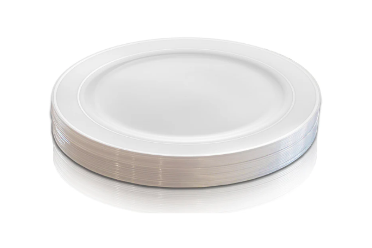 10.25 inch White Plates Silver Rim 10 ct.